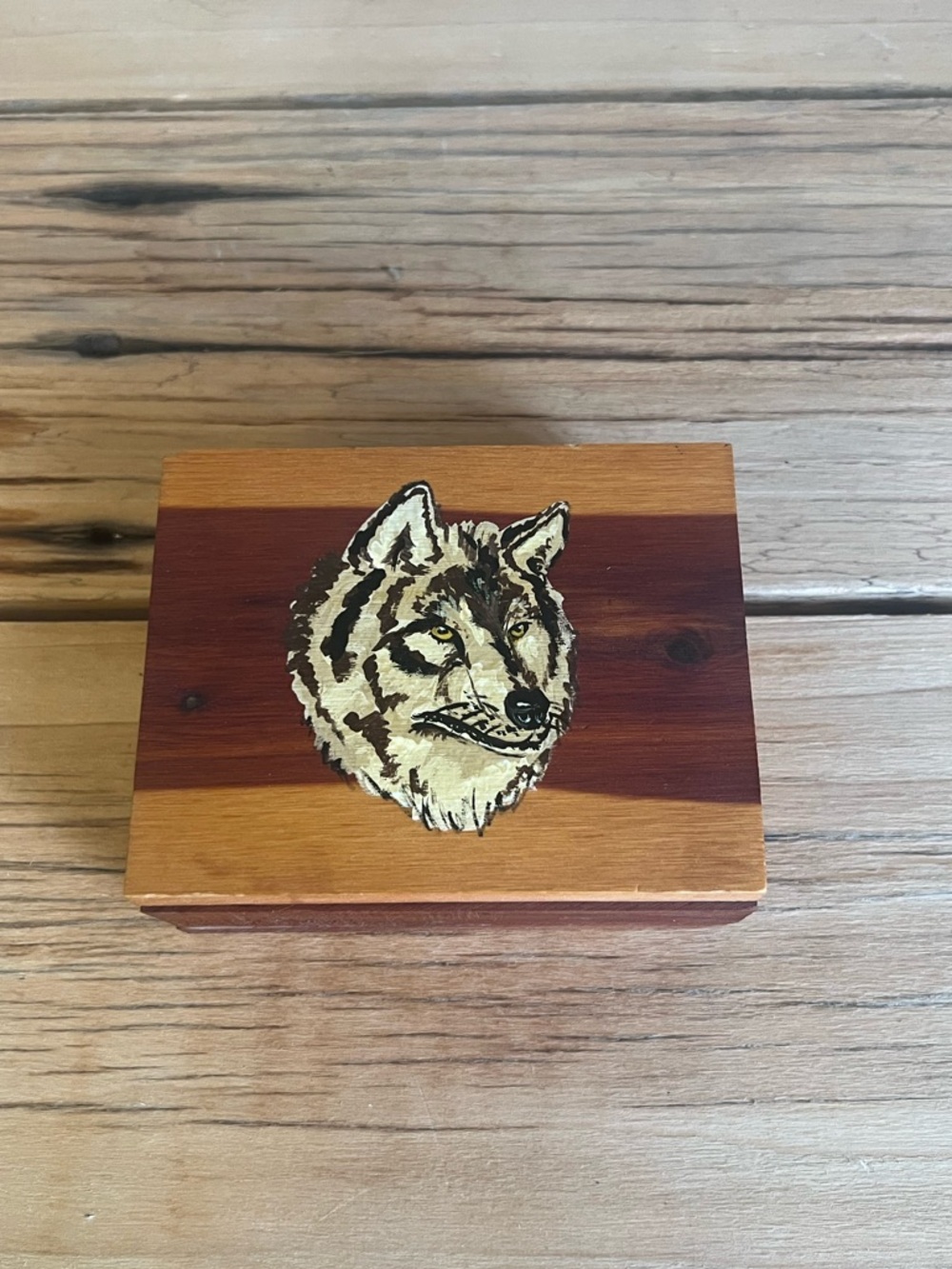 Wooden Wolf Accent Box in Natural and Brown